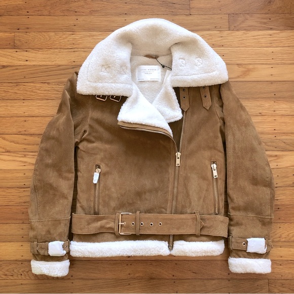 Zara Camel Suede Moto Jacket with Faux Shearling Lining in Camel Size XS - Picture 3 of 10